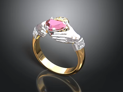Gold Ring With Two Hands Holding Pink Heart Shaped Gemstone And Diamond Decorations 3d model