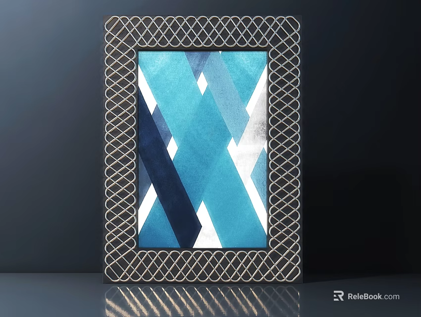 Elegant Picture Frame With Diamond Lattice Border Showcasing Blue White Geometric Art 3d model 