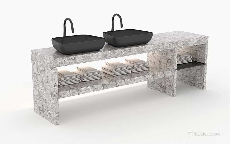 Modern Bathroom Vanity With Two Black Washbasins Marble Countertop Built In Lighting And Stacked Towels 3d model 