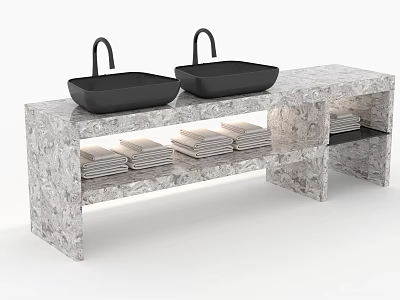 Modern Bathroom Vanity With Two Black Washbasins Marble Countertop Built In Lighting And Stacked Towels 3d model