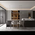 Modern Restaurant Interior With Dining Table Chairs Pendant Lights And Wine Rack 3d model