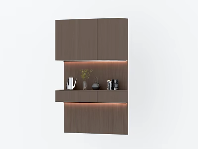 Modern Wooden Balcony Cabinet With Layered Design Open Shelves And Decorative Items 3d model