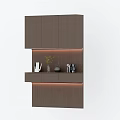 Modern Wooden Balcony Cabinet With Layered Design Open Shelves And Decorative Items
