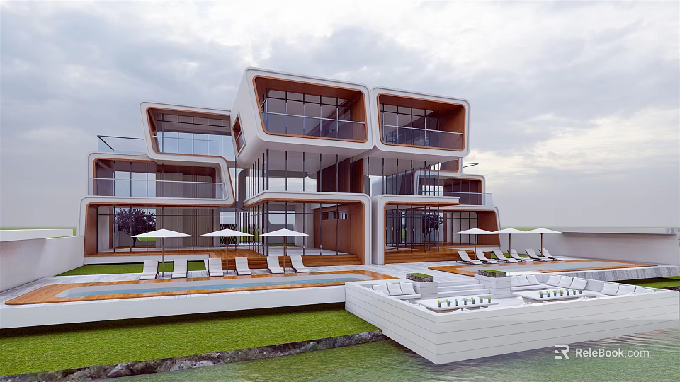 Modern Detached Villa With Glass Curtain Walls Balconies Outdoor Lawn And Waterfront Pool 3d model 