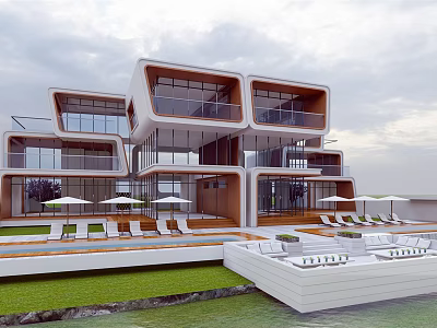 Modern Detached Villa With Glass Curtain Walls Balconies Outdoor Lawn And Waterfront Pool 3d model