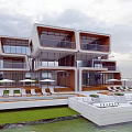 Modern Detached Villa With Glass Curtain Walls Balconies Outdoor Lawn And Waterfront Pool