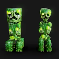 Green Mossy Stone Creatures With Glowing Yellow Eyes And Block Humanoid Forms 3d model