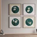 Framed Botanical Paintings Set of Four with Green Background and White Flowers for Wall Decor
