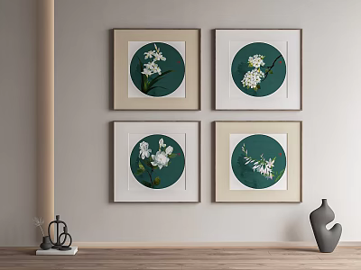 Framed Botanical Paintings Set of Four with Green Background and White Flowers for Wall Decor 3d model