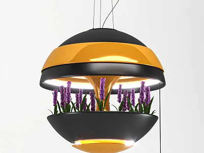 Modern Yellow Black Chandelier With Purple Flowers And Illuminated Design 3d model