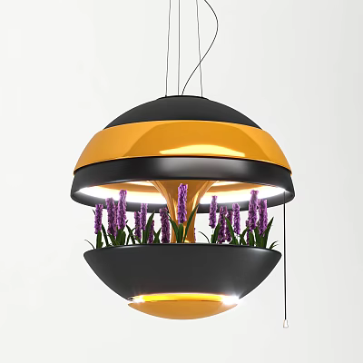 Modern Yellow Black Chandelier With Purple Flowers And Illuminated Design 3d model