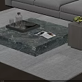 Dark Green Marble Coffee Table With Tray Glassware Bottle And Magazine Beside Wooden Side Table