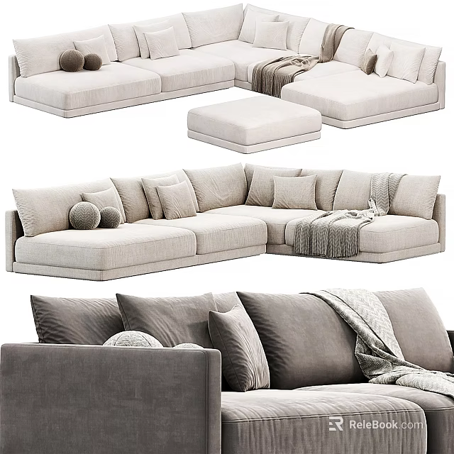 Modern Sectional Sofa Interior With Light Beige Dark Gray Plush Cushions Throw Blankets 3d model