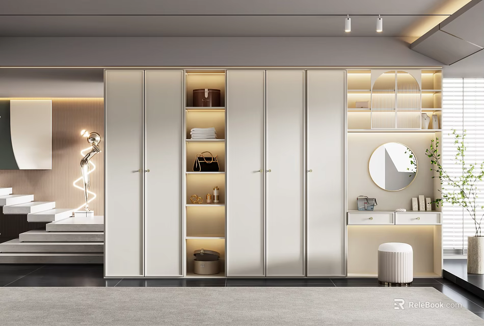 Modern Wardrobe Interior Design With Light-colored Panels Built-in Storage Vanity Mirror And Stool 3d model