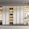 Modern Wardrobe Interior Design With Light-colored Panels Built-in Storage Vanity Mirror And Stool 3d model