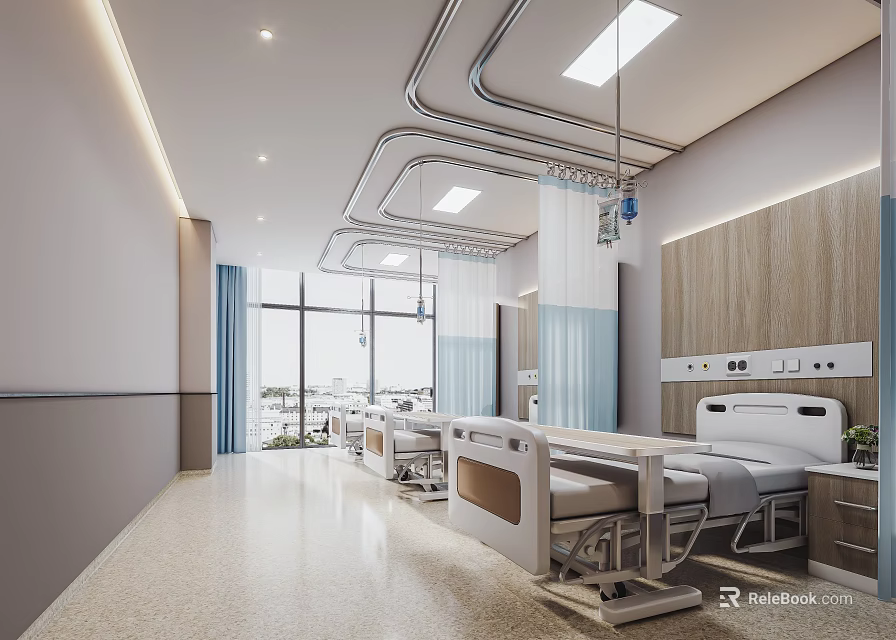 Bright Hospital Clinic Patient Rooms With Medical Beds Ceiling Lights And Large Windows 3d model 