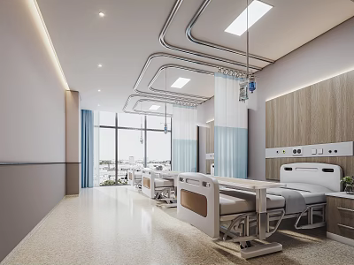Bright Hospital Clinic Patient Rooms With Medical Beds Ceiling Lights And Large Windows 3d model