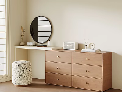 Light Wood Dresser With Round Mirror Multiple Drawers And Decorative Stool 3d model