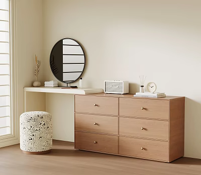 Light Wood Dresser With Round Mirror Multiple Drawers And Decorative Stool 3d model