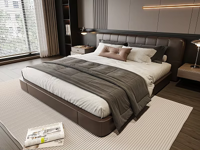Modern Double Bed with Dark Brown Headboard White Sheet Gray Blanket Pillows on Striped Rug 3d model