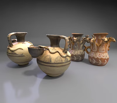 Traditional Ceramic Vessels With Snake Shaped Spouts Dragon Handles And Intricate Patterns 3d model