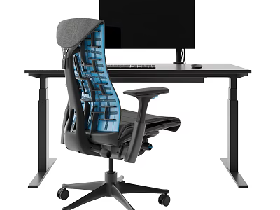 Modern Office Desk Setup With Ergonomic Chair Computer Monitor Keyboard And Mouse 3d model