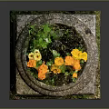 Elegant Decorative Stone Vase With Carved Base Holding Yellow Orange Flowers