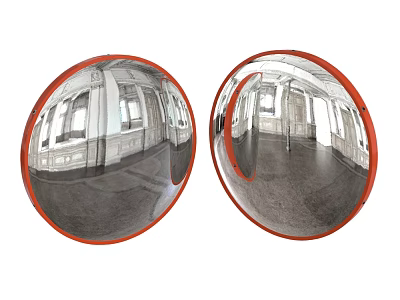 Round Mirrors With Red Frames Reflecting Interior Space And Windows 3d model