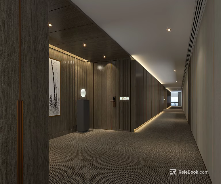 Elegant Hotel Corridor With Wooden Walls Warm Lighting Decorative Artwork And Carpeted Floor 3d model 