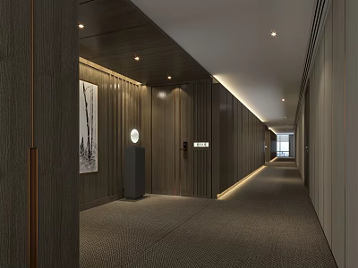 Elegant Hotel Corridor With Wooden Walls Warm Lighting Decorative Artwork And Carpeted Floor 3d model