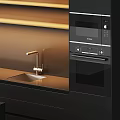 Sleek Black Kitchen Interior With Island Sink Faucet Oven And Modern Cabinets