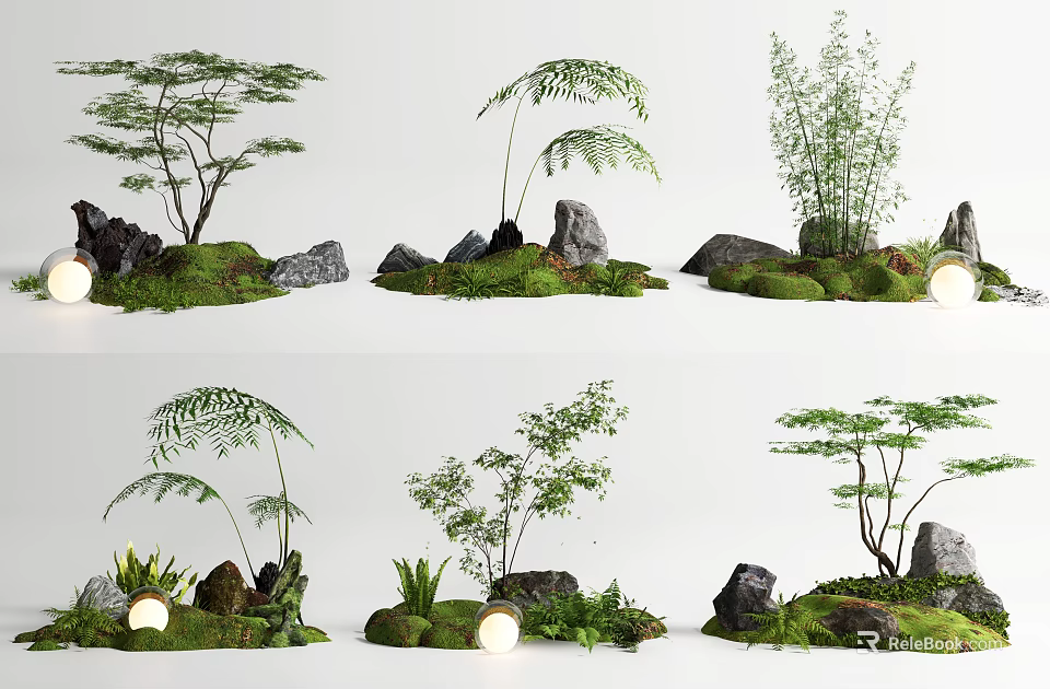 Natural Courtyard Garden Decor With Green Plants Stones Moss And Small Lights 3d model 