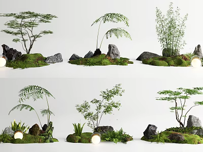 Natural Courtyard Garden Decor With Green Plants Stones Moss And Small Lights 3d model