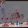 Women's Day Decorative Setup With Heart Shaped Crown Rose Cosmetic Models And Pink Balloons