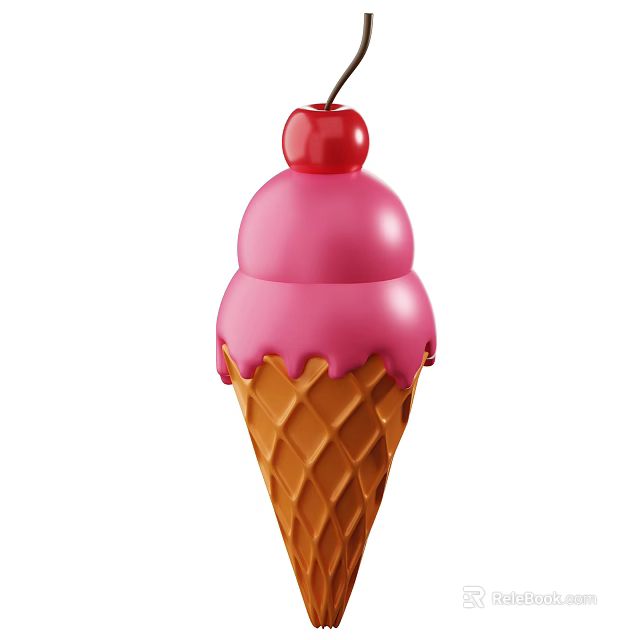 Creamy Pink Ice Cream Cone With Melting Scoops And Cherry On Top 3d model 