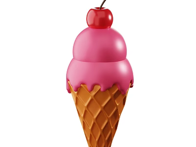 Creamy Pink Ice Cream Cone With Melting Scoops And Cherry On Top 3d model