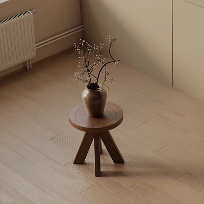 Wooden Side Table with Round Top Three Legs and Decorative Vase Holding White Flowers 3d model
