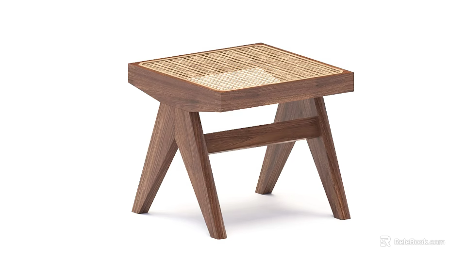 Elegant Wooden Stool With Handwoven Rattan Seat And Angled Triangular Legs 3d model 