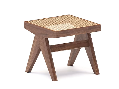 Elegant Wooden Stool With Handwoven Rattan Seat And Angled Triangular Legs 3d model
