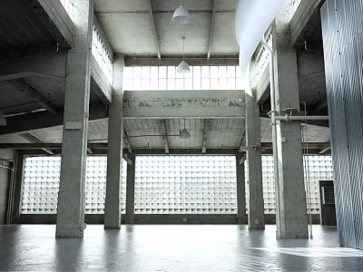 Spacious Industrial Interior With High Ceiling Concrete Columns Hanging Lights And Large Windows 3d model