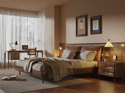 Warm Bedroom Interior With Wooden Bed Desk Chair Decorative Paintings Table Lamp Curtains Pillows Blanket 3d model
