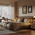 Warm Bedroom Interior With Wooden Bed Desk Chair Decorative Paintings Table Lamp Curtains Pillows Blanket