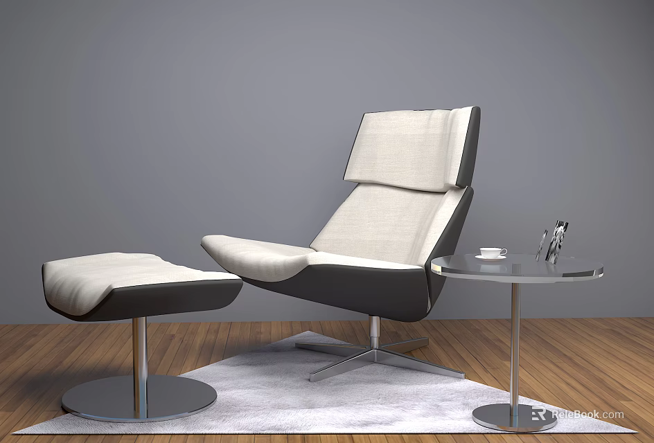 Modern Black And White Leisure Chair With Ottoman And Round Side Table On Wooden Floor 3d model 