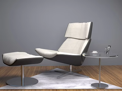 Modern Black And White Leisure Chair With Ottoman And Round Side Table On Wooden Floor 3d model
