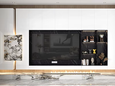 Modern TV Wall Design With Black Marble Panel White Cabinets And Decorations 3d model