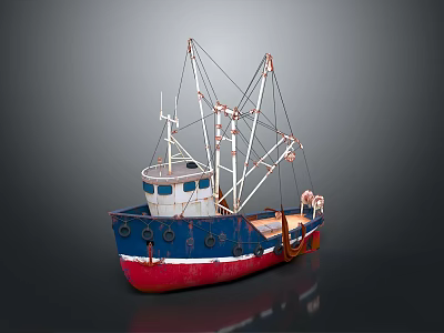 Vintage Fishing Boat With Blue Hull Red Bottom White Cabin Masts And Ropes 3d model