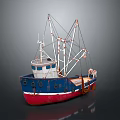 Vintage Fishing Boat With Blue Hull Red Bottom White Cabin Masts And Ropes