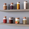 Spice Jars with Different Spices Stored on Wall Mounted Wooden Shelves