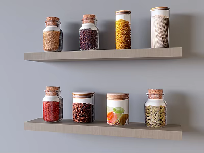 Spice Jars with Different Spices Stored on Wall Mounted Wooden Shelves 3d model