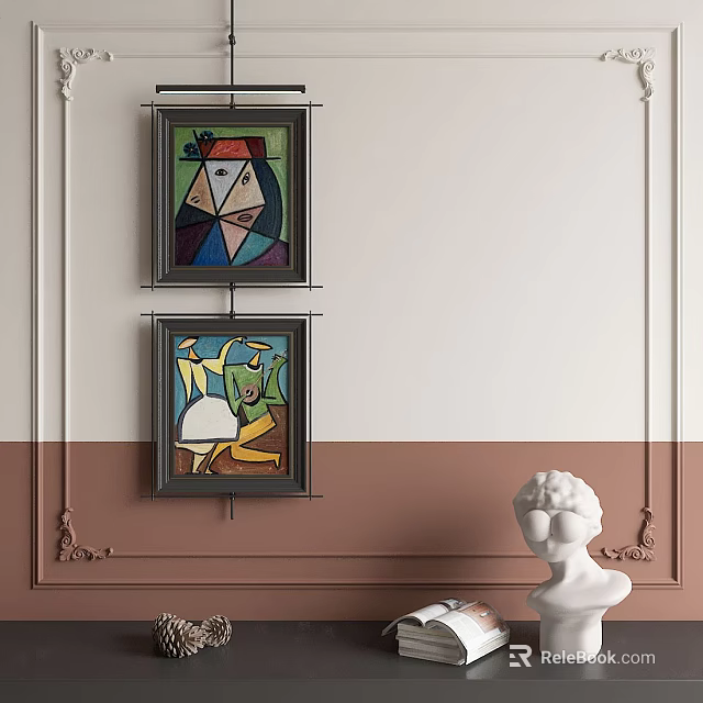 Two Abstract Paintings Hanging On Two Tone Wall With Sculpture 3d model